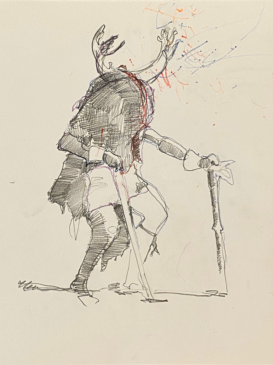 graphite and colored pencil drawing on cream paper of a dancer in an antlered headdress striding forward with a staff, red and blue marks scattered above the raised hand