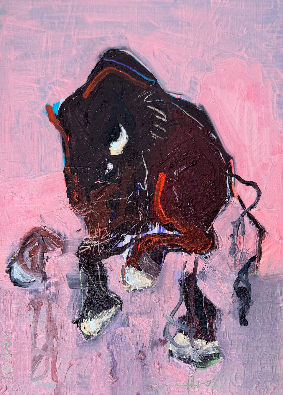 painting of a dark brown bison charging forward with its head lowered, one white horn and white hooves, outlined in streaks of red and blue against a thickly worked pink and lavender ground