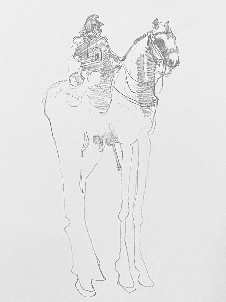 faint pencil drawing of a mounted officer standing square to the viewer, the head and shoulders worked up in dark hatching while the horse stays open contour