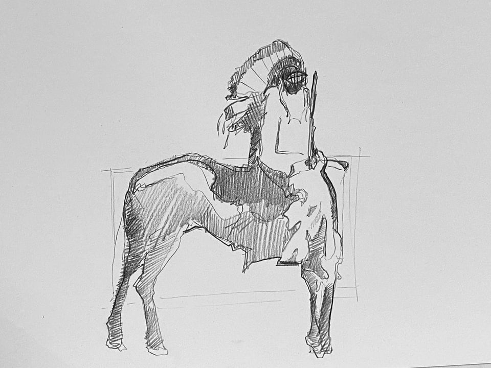 pencil drawing of a centaur in a feathered warbonnet standing in profile with a lance held upright, the body built from dense diagonal hatching