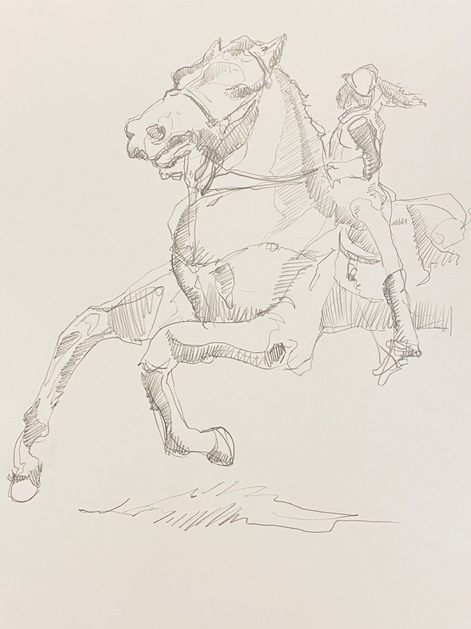 pencil drawing of a horse at full stride with its head thrown back, the rider reduced to a hatched silhouette behind