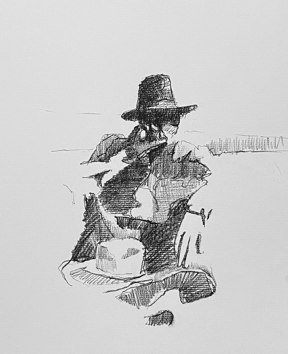 pencil drawing of a seated man hunched under a wide-brimmed hat, his face lost in shadow, a pale bowl on the table before him