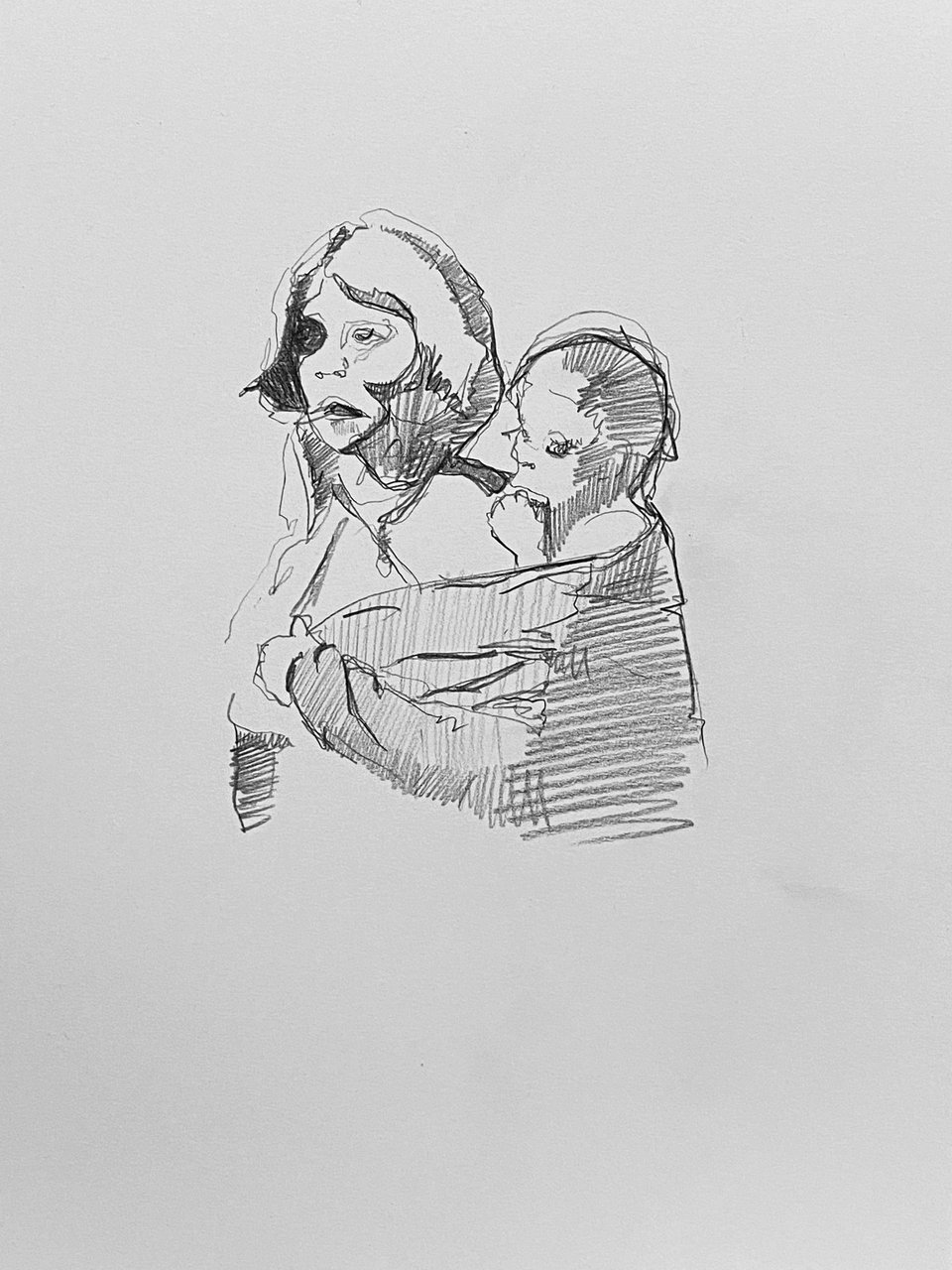 pencil drawing of a hooded woman holding an infant against her shoulder, both faces close together over densely hatched cloth