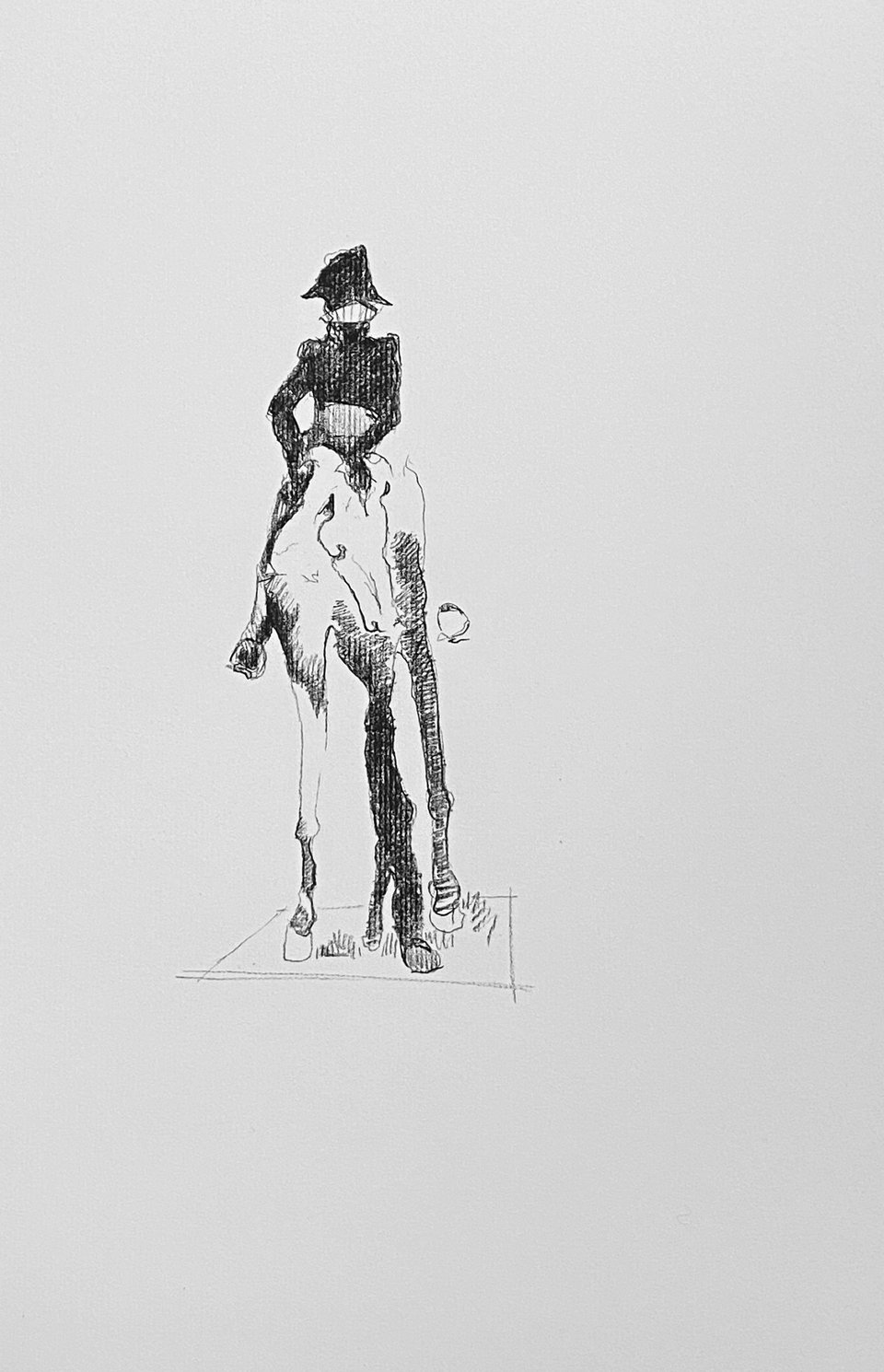 small pencil drawing of an officer in a bicorne hat mounted on a pale horse, standing on a lightly ruled rectangle of ground