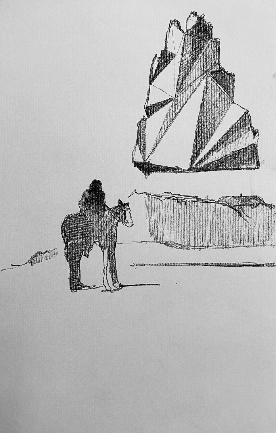 pencil drawing of a small dark rider halted on an empty plain before a faceted rock monument floating above the horizon