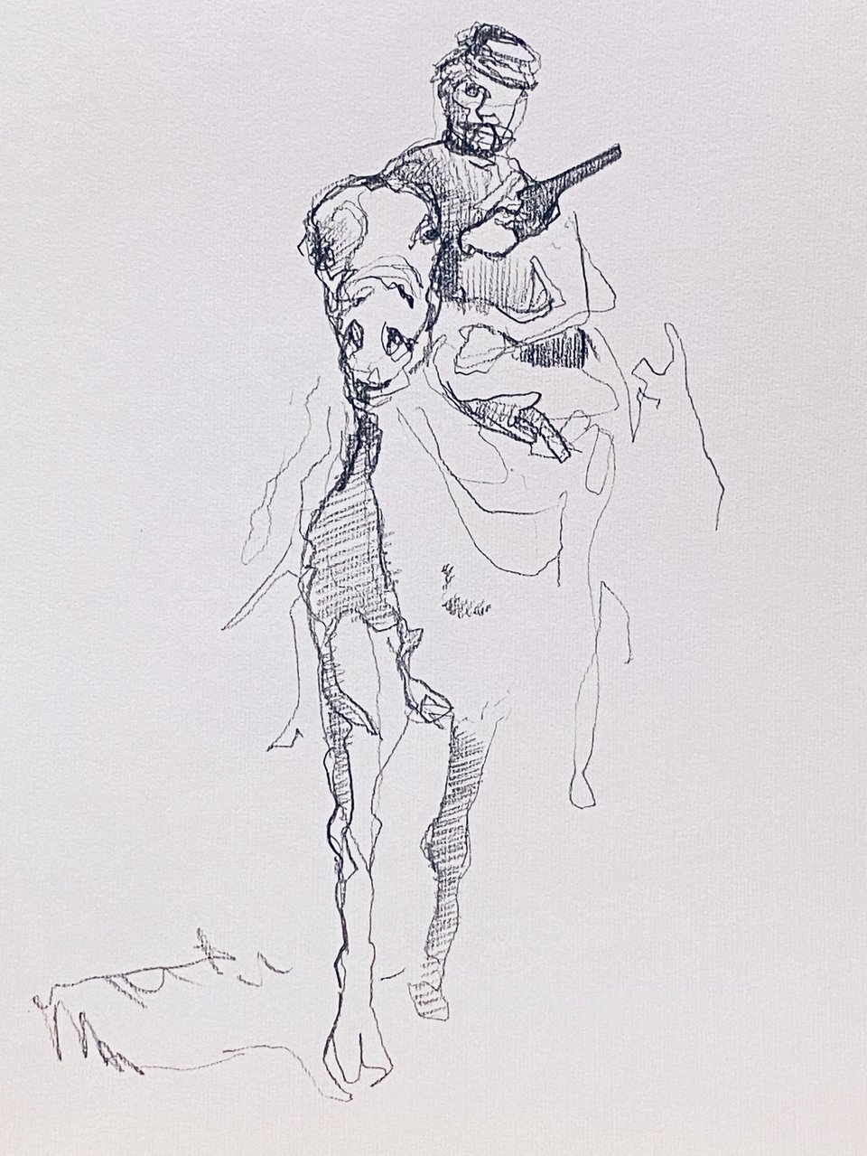 fine-line drawing of a rider in a forage cap coming straight at the viewer with a rifle across the saddle, the horse's head lowered