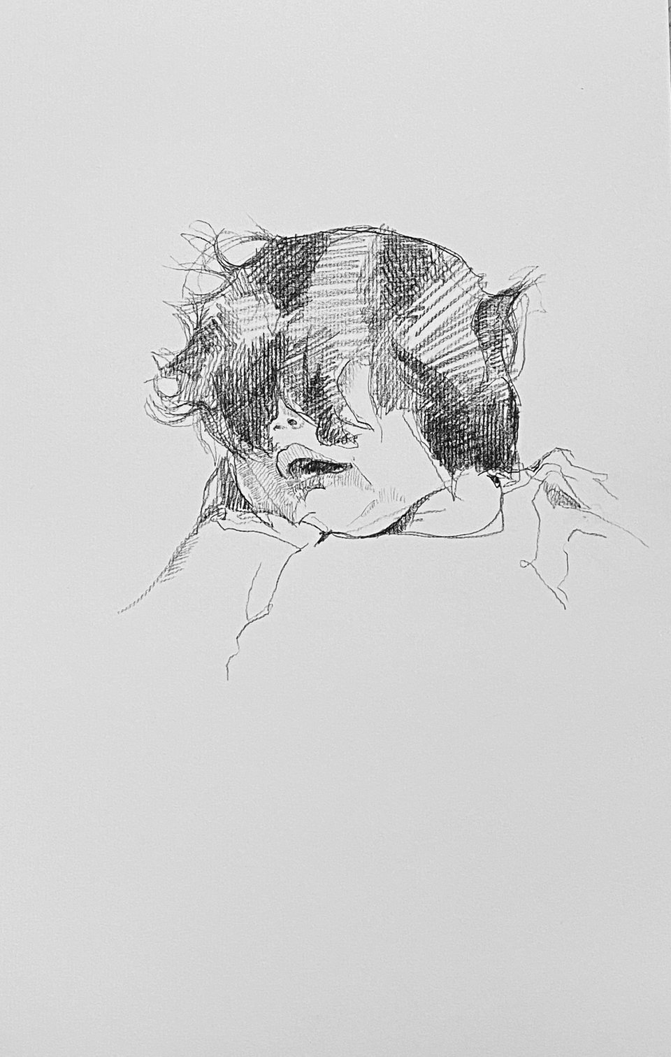 pencil drawing of a child asleep with their head turned into a pillow, hair worked in heavy hatching above a barely drawn shoulder and hand