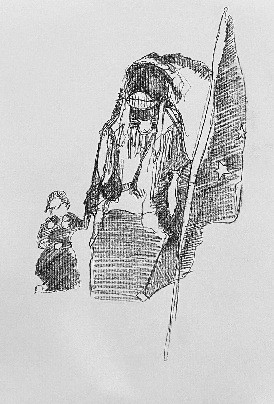 pencil drawing of a figure in a feathered headdress and shell breastplate holding a starred banner on a long staff, a small child standing at their side