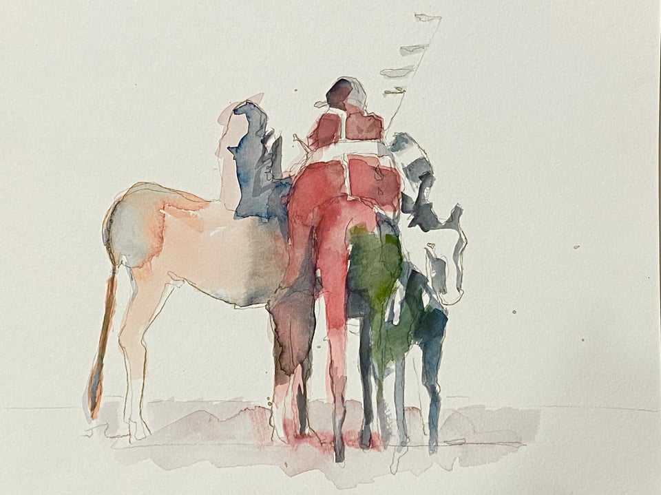 watercolor and pencil study seen from behind of a rider in red between two horses, one pale tan and one dark green-grey, a small pennant flying above
