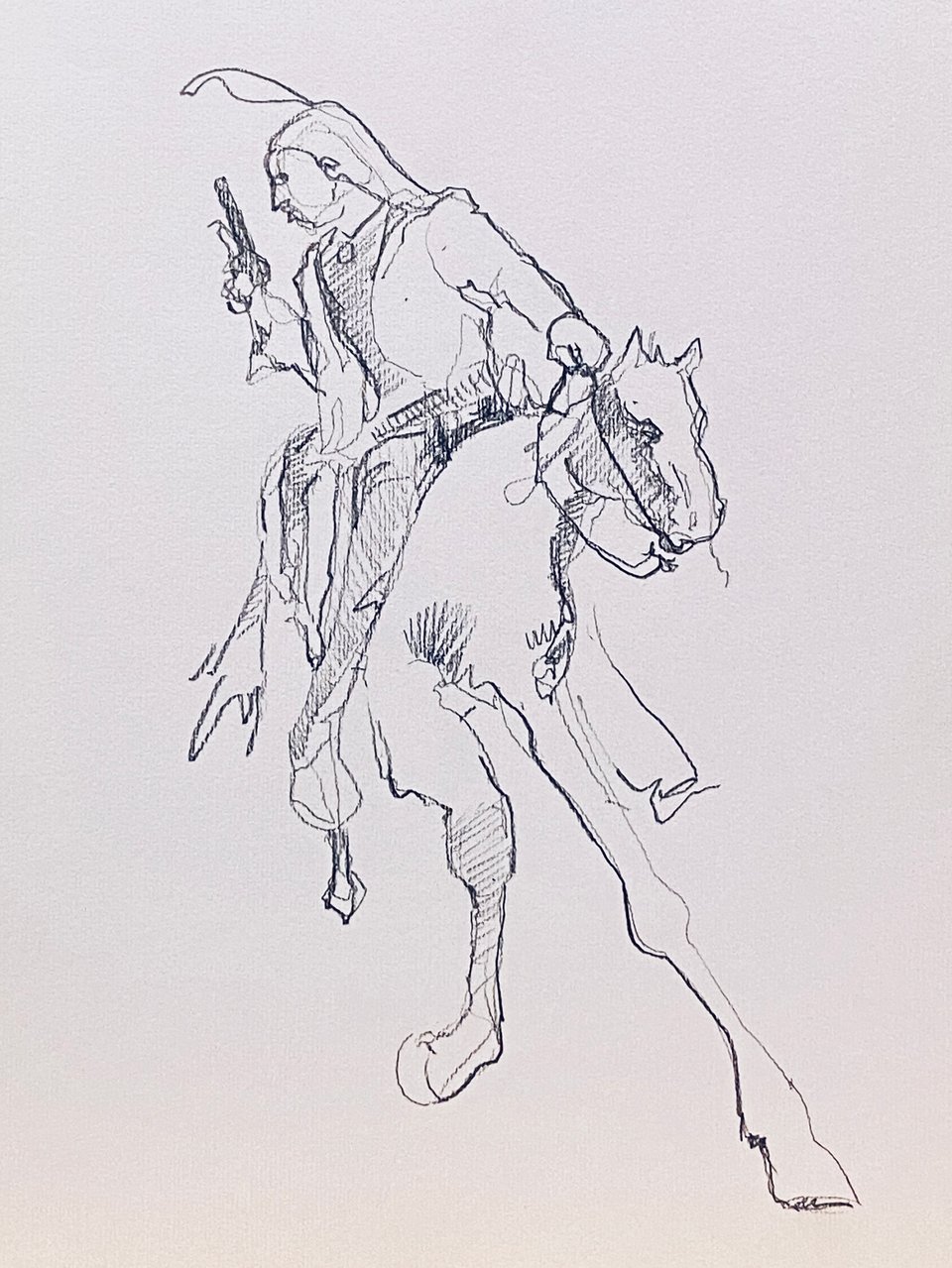 fine-line drawing of a long-haired rider twisting in the saddle with a pistol raised, the horse's head dropping hard to the right