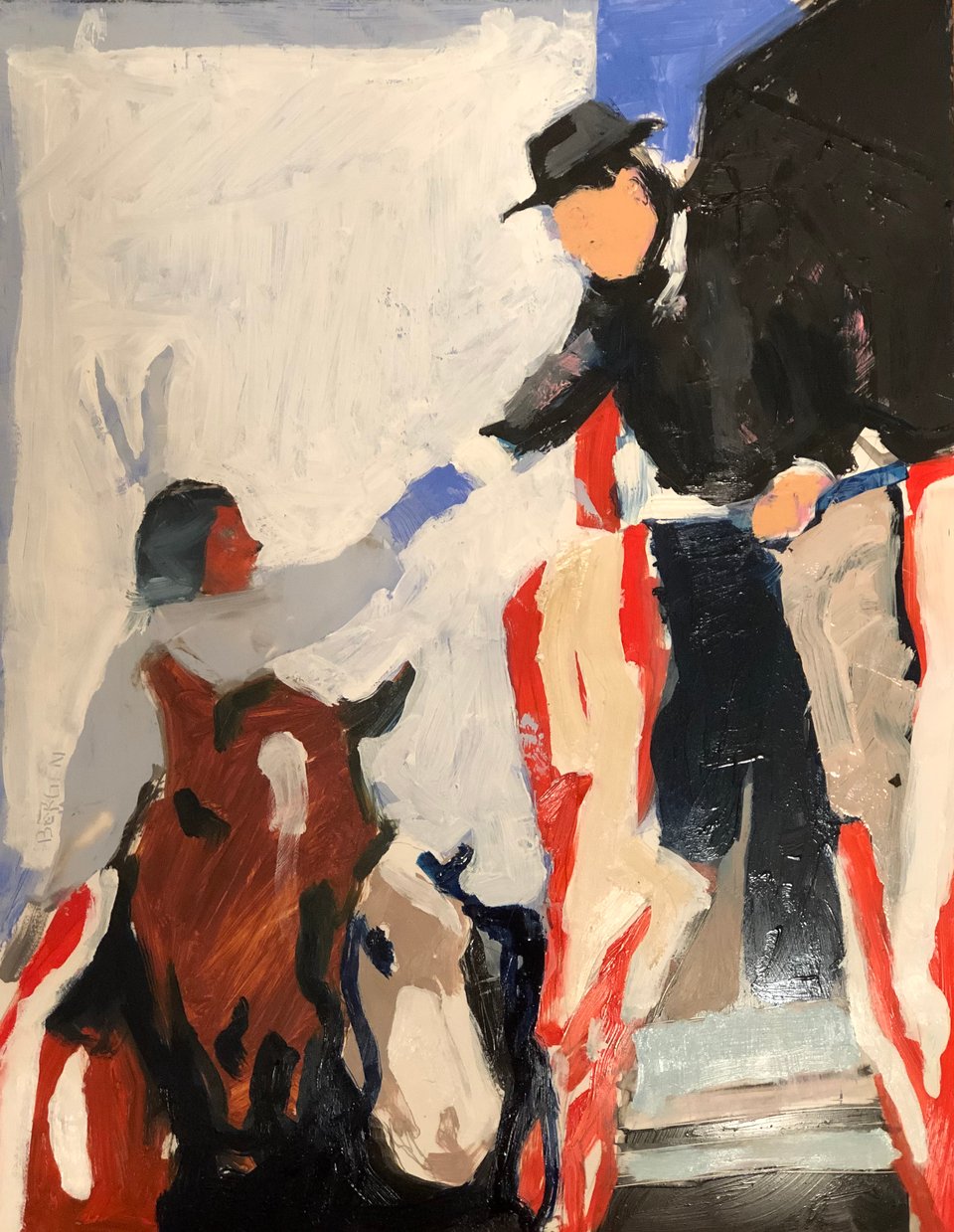 painting of a man in a hat on horseback leaning down to shake hands with a seated figure wearing a headband, over red, white, and blue flag stripes