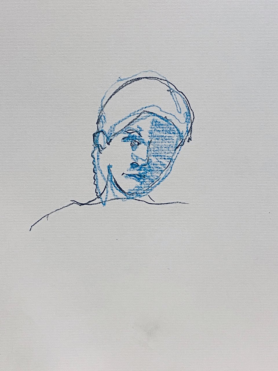 blue colored pencil and graphite drawing of a woman in a soft bonnet turned three-quarters toward the viewer, the face shaded in fine blue hatching